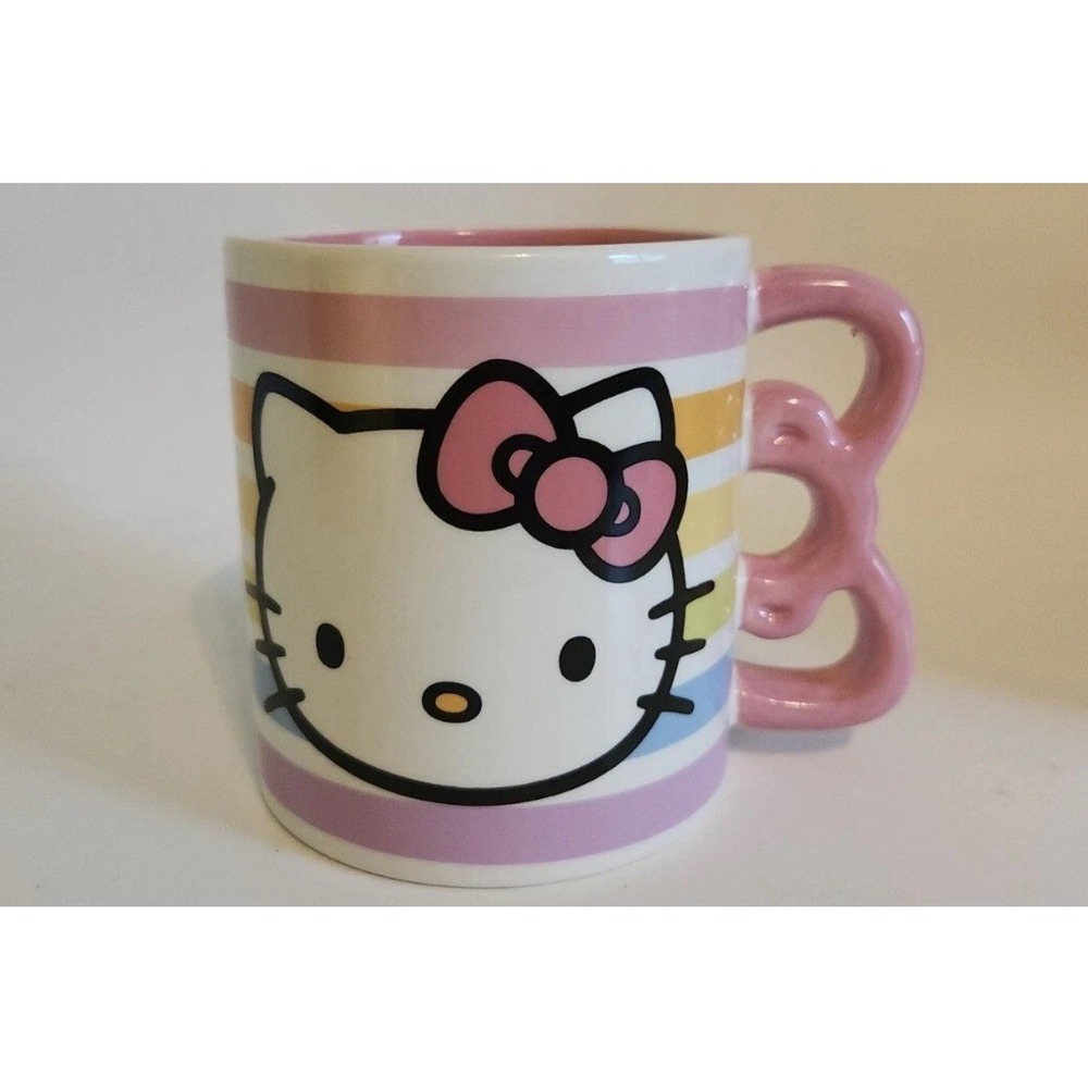 Hello Kitty Sanrio Ceramic Coffee Mug Bow Handle Rainbow Stripes 20 oz